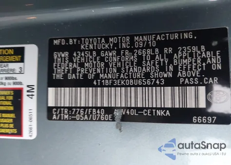 2011 Toyota Camry Le z USA, uszkodzony, nr VIN 4T1BF3EK0BU656743